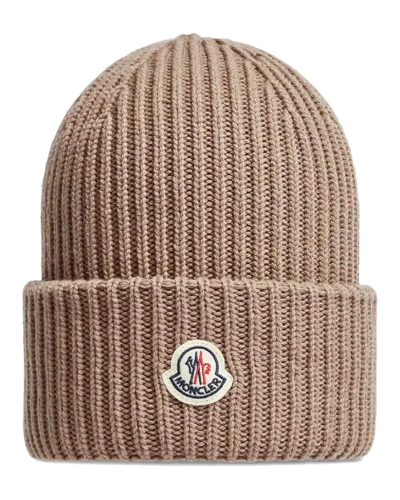 Moncler ribbed logo-patch beanie hat - Nude Nude