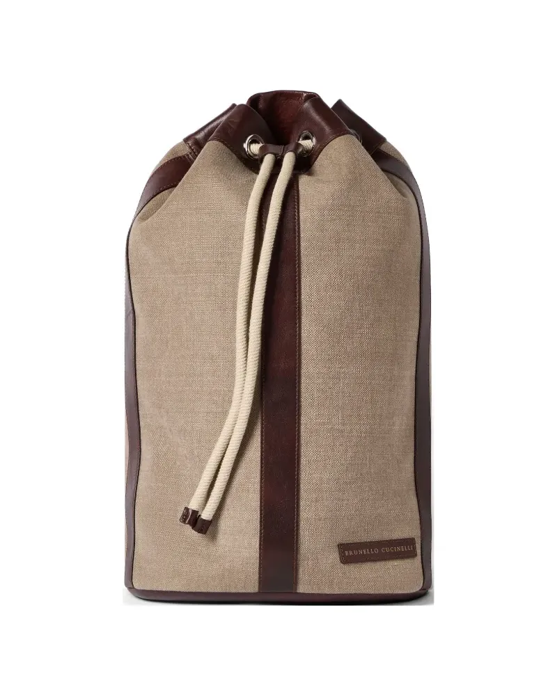 Brunello Cucinelli Wasserdichter Rucksack aus Canvas und poliertem Kalbsleder mit Kordelzug - Nude Nude