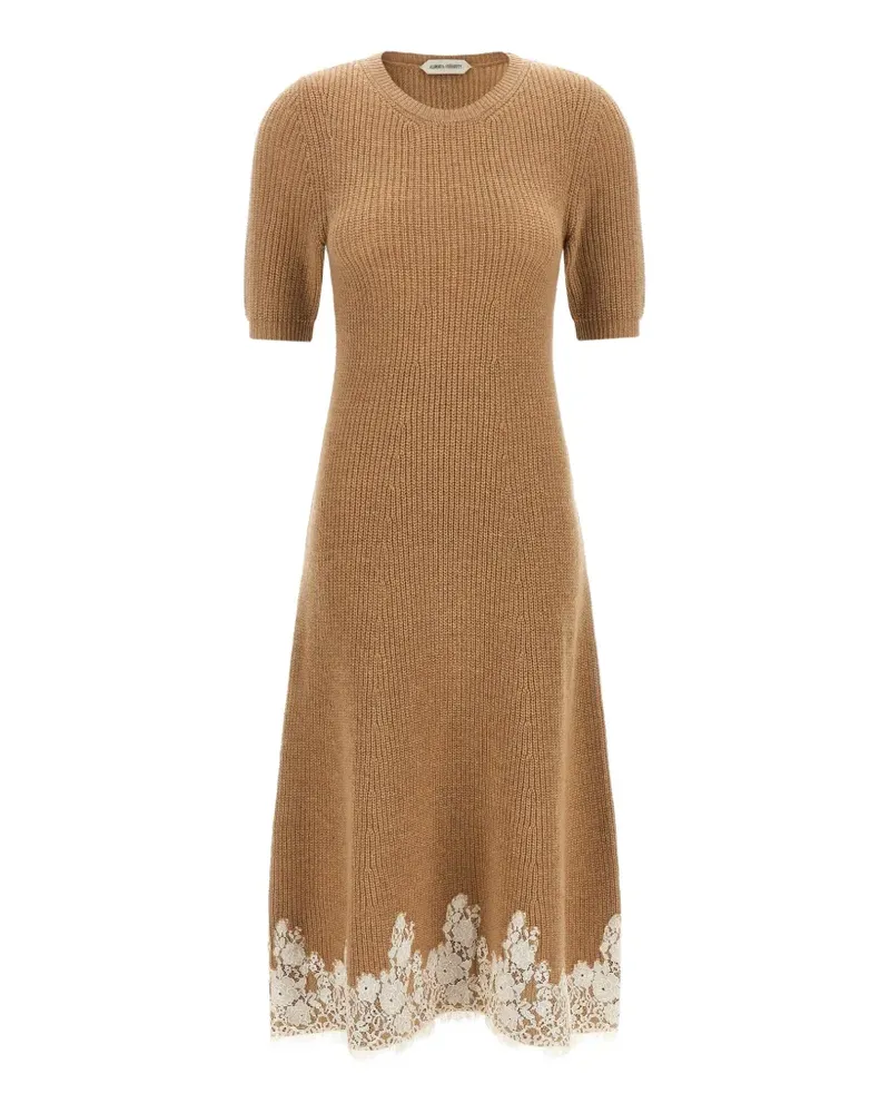 Alberta Ferretti lace-hem ribbed-knit midi dress - Nude Nude