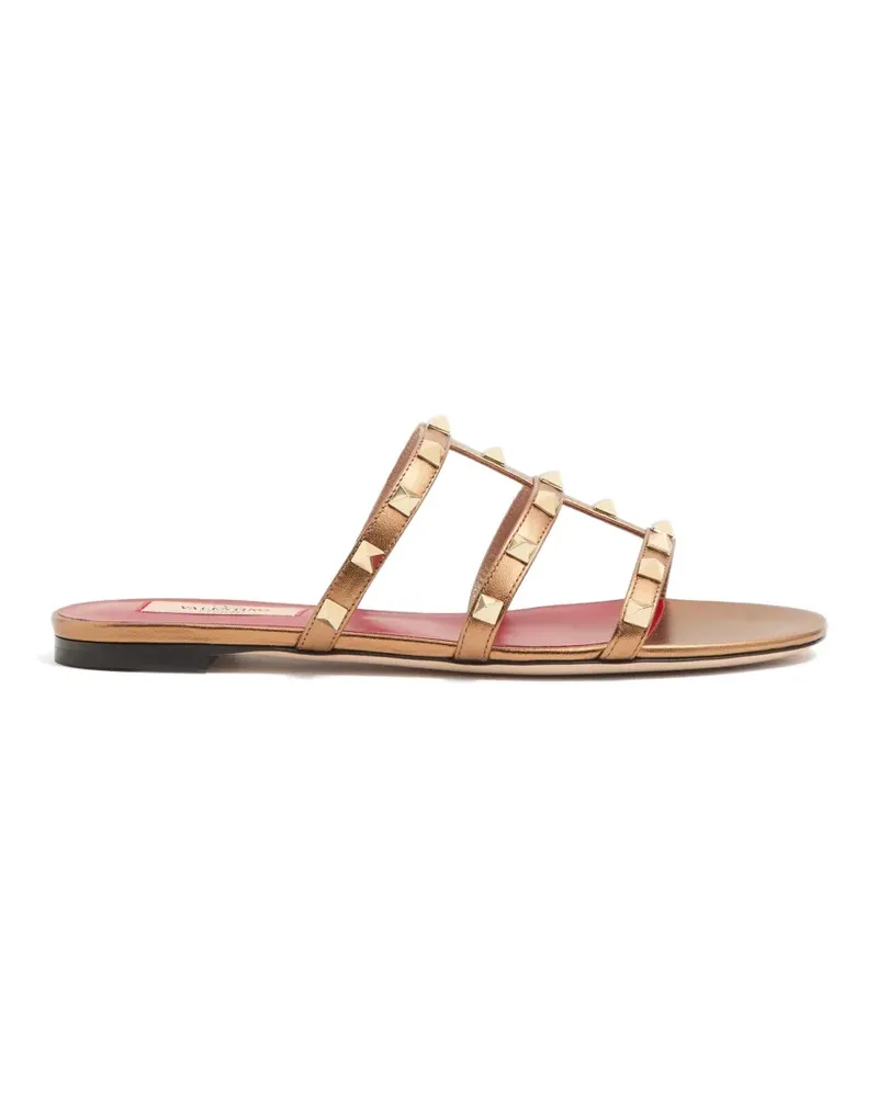 Valentino Garavani Rockstud laminated nappa slide sandals - Gold Gold