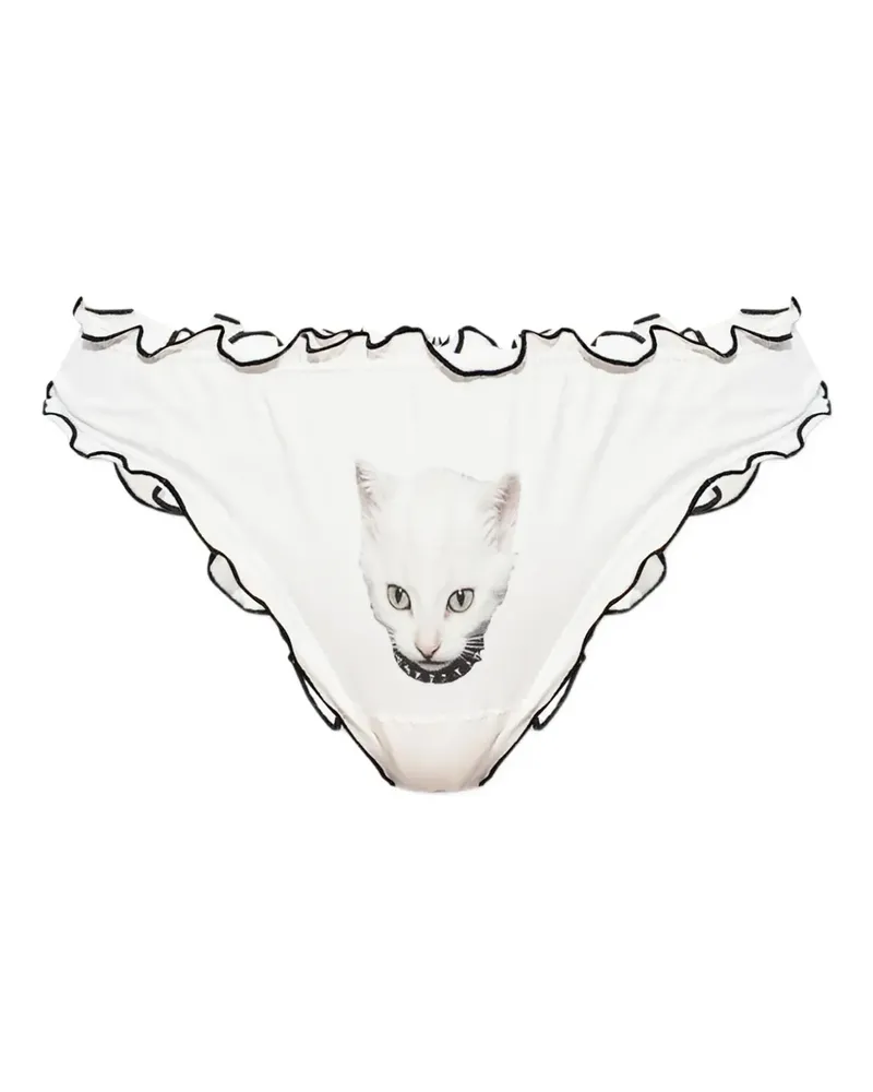 Blumarine Gerüschter Slip mit Katzen-Print - Weiß Weiß