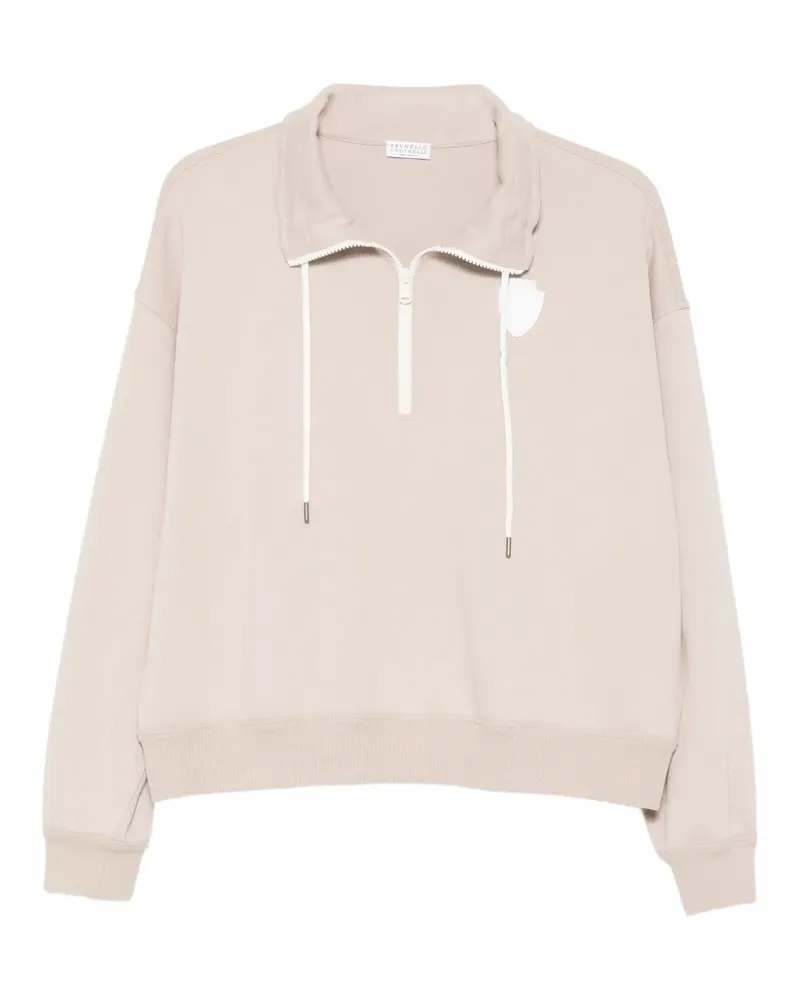 Brunello Cucinelli zipped logo-patch sweatshirt - Nude Nude