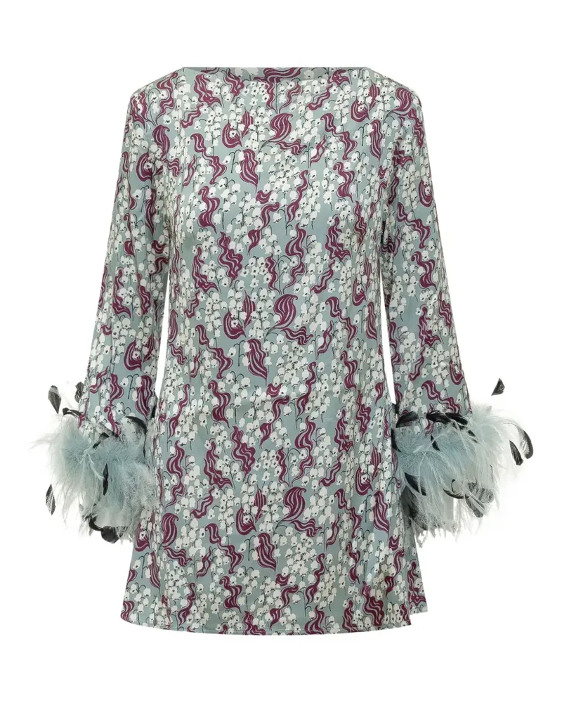 Des Phemmes feather-trim printed mini dress - Blau Blau