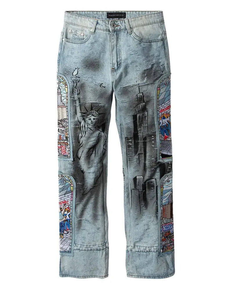 WHO DECIDES WAR patch-embellished straight jeans - Blau Blau