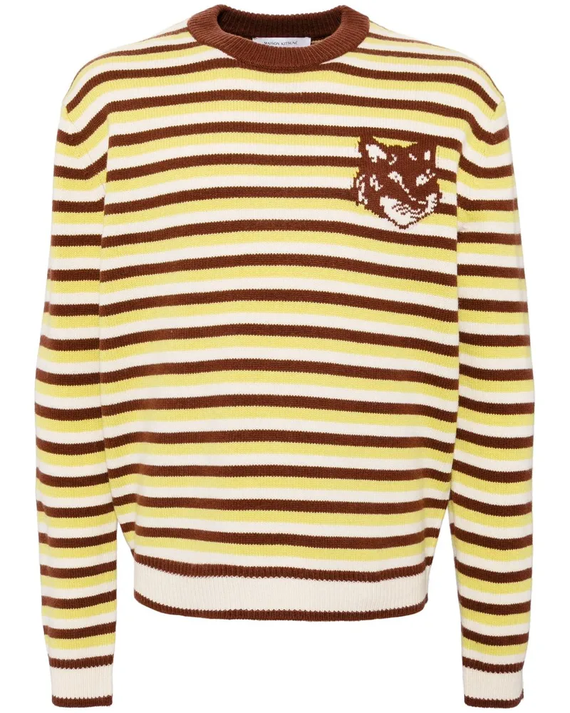 Kitsuné Gestreifter Pullover mit Fuchskopf-Intarsie - Grün Grün