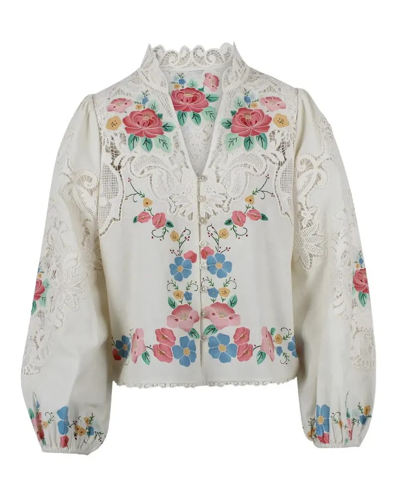 Sea floral-embroidered lace-insert blouse - Nude Nude