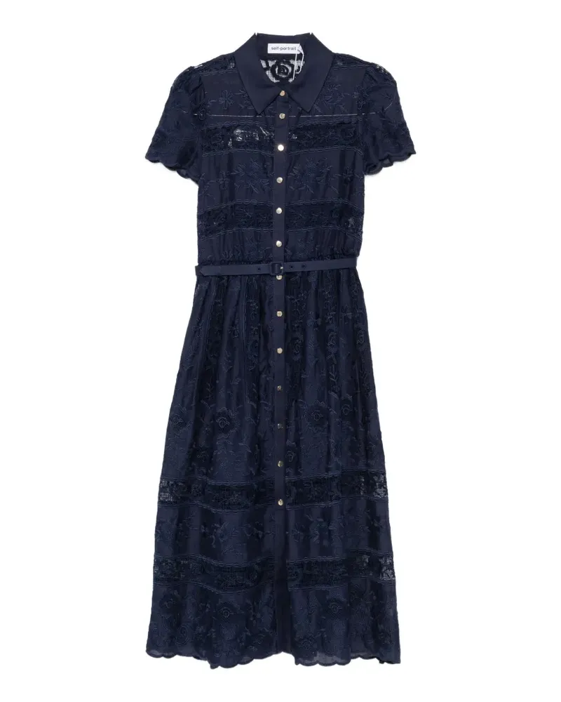 Self-Portrait embroidered belted midi dress - Blau Blau