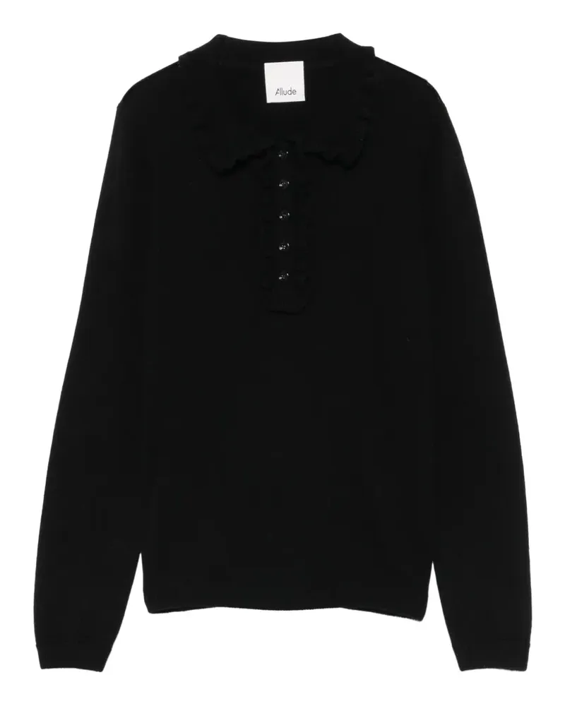 ALLUDE Pullover mit Poloshirtkragen und Rüschen - Schwarz Schwarz