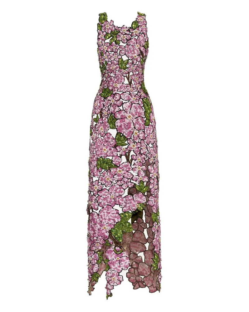 Oscar de la Renta Besticktes Midikleid mit Paillettenblumen - Rosa Rosa