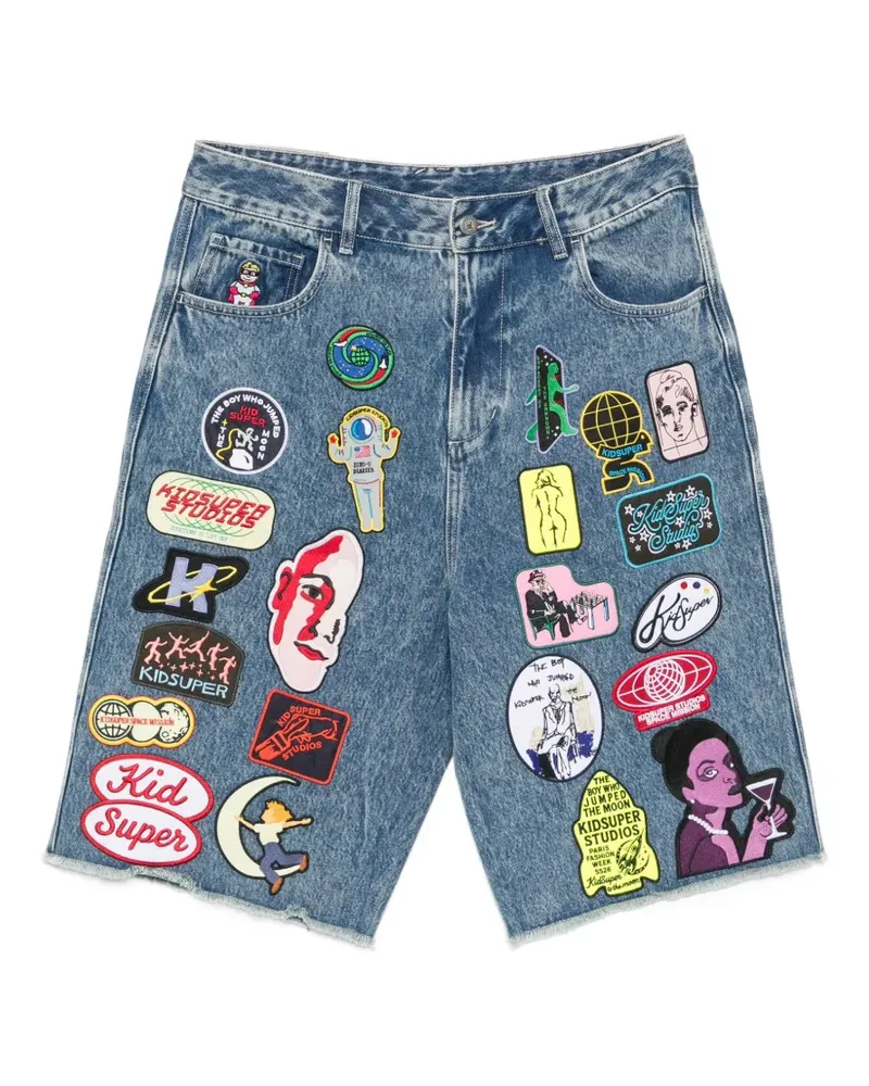 KidSuper patch-embellished frayed-edge shorts - Blau Blau