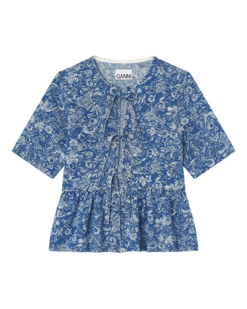 Ganni Bluse mit Schleife und Schößchen - Blau Blau