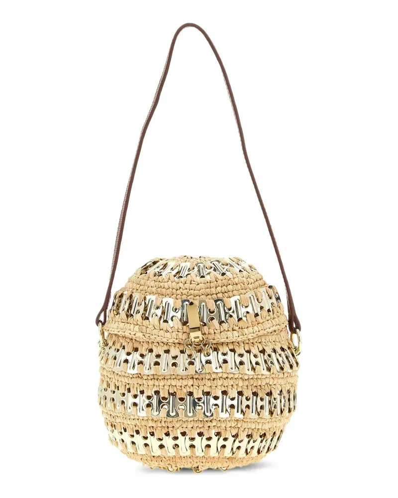 Paco Rabanne 1969 Handtasche aus Raffiabast mit Metallscheibe - Nude Nude