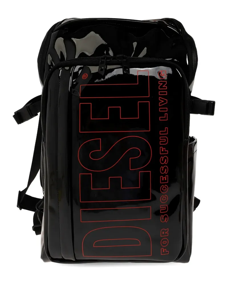 Diesel patent-finish logo-print backpack - Schwarz Schwarz