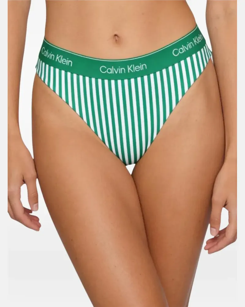 Calvin Klein Gestreiftes CK Bikinihöschen mit Logo - Grün Grün