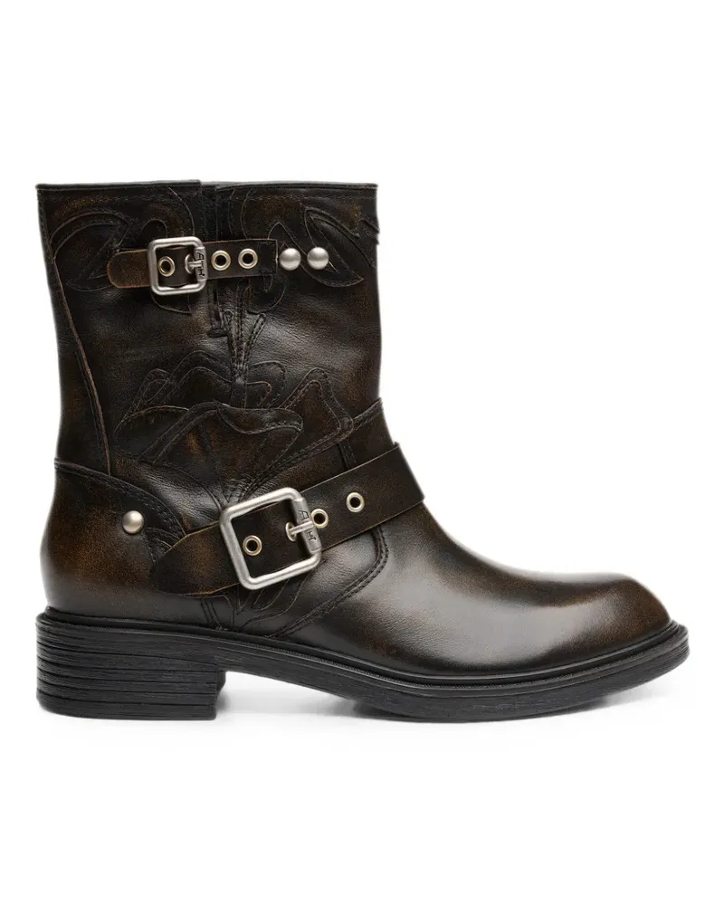 ash Bestickte Fannei Bikerstiefel mit Schnalle - Schwarz Schwarz