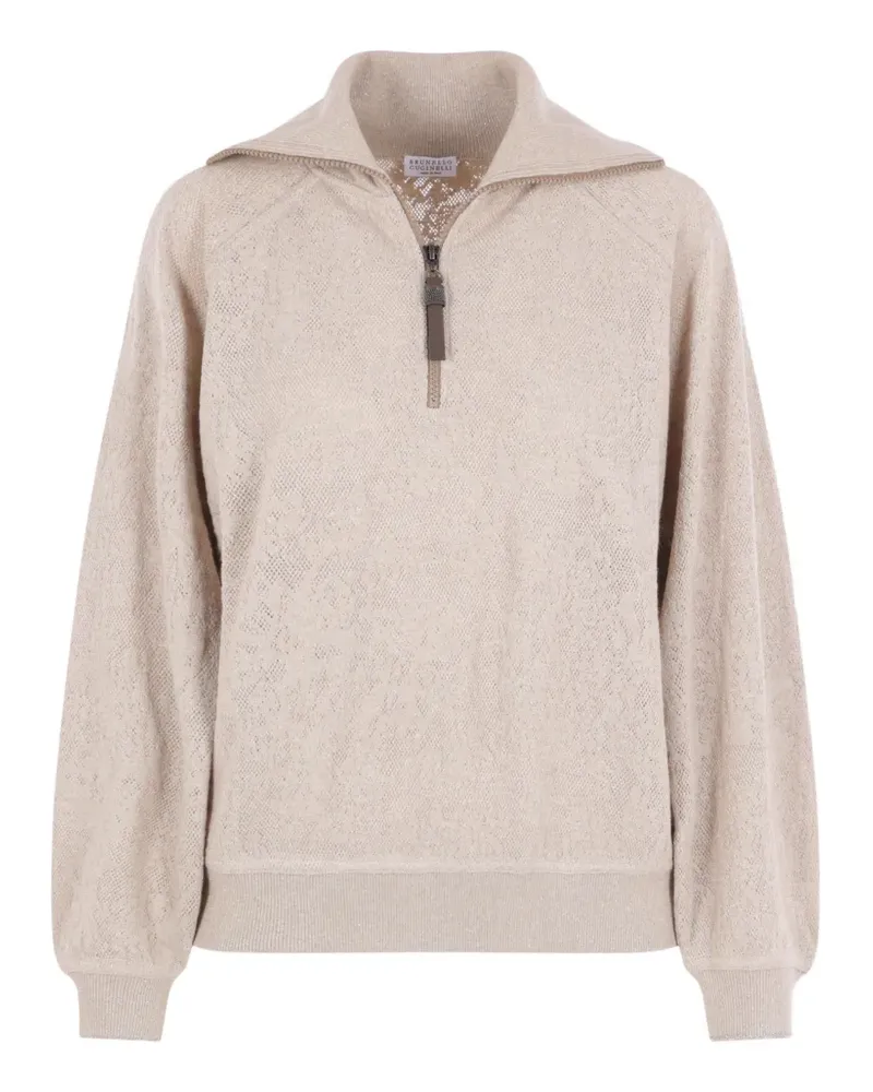 Brunello Cucinelli pointelle-knit half-zip sweatshirt - Nude Nude