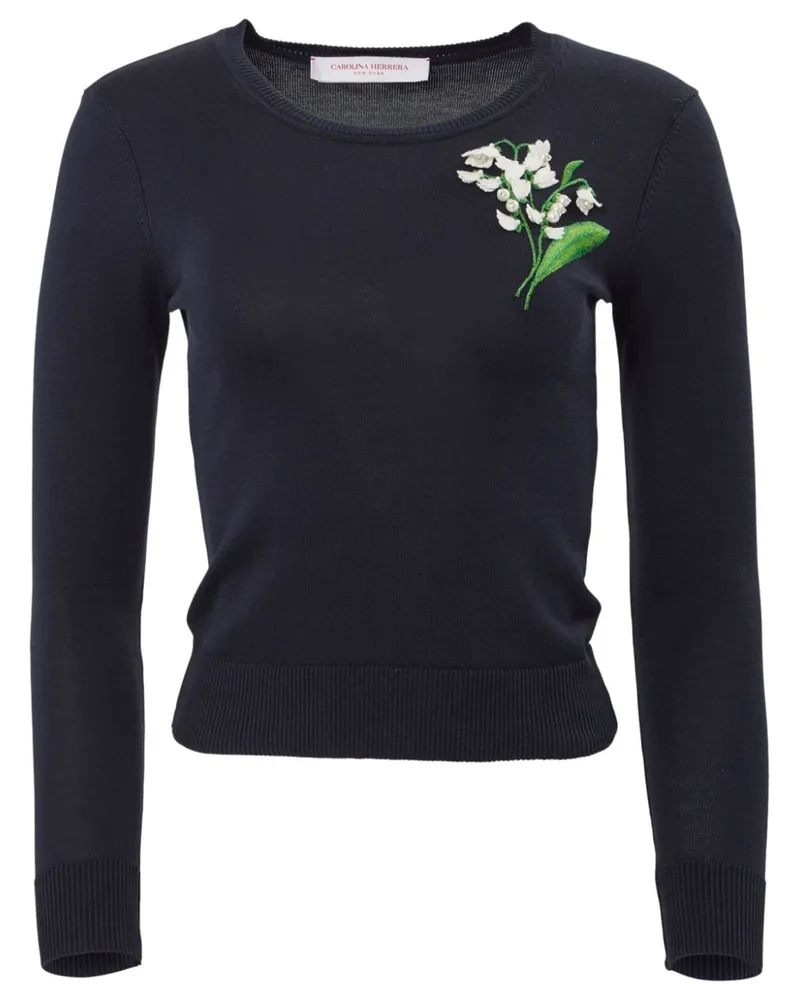 Carolina Herrera New York Fein gestrickter Pullover mit Stickerei Blau