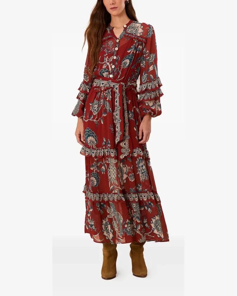 FARM Rio Gerüschtes Midikleid mit Blumen-Print - Rot Rot