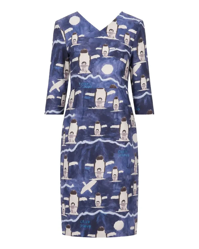 Laura Urbinati penguin-print V-neck midi dress - Blau Blau