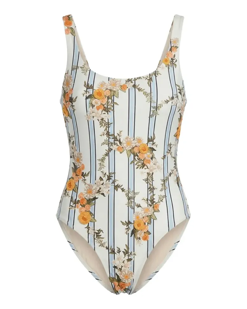 AGUA BENDITA Gema Valle floral-print striped swimsuit - Weiß Weiß