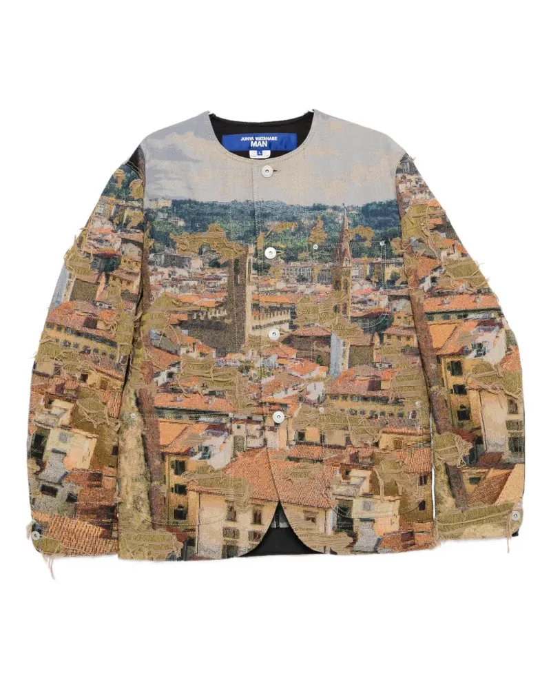 Junya Watanabe tapestry-print frayed jacket - Braun Braun
