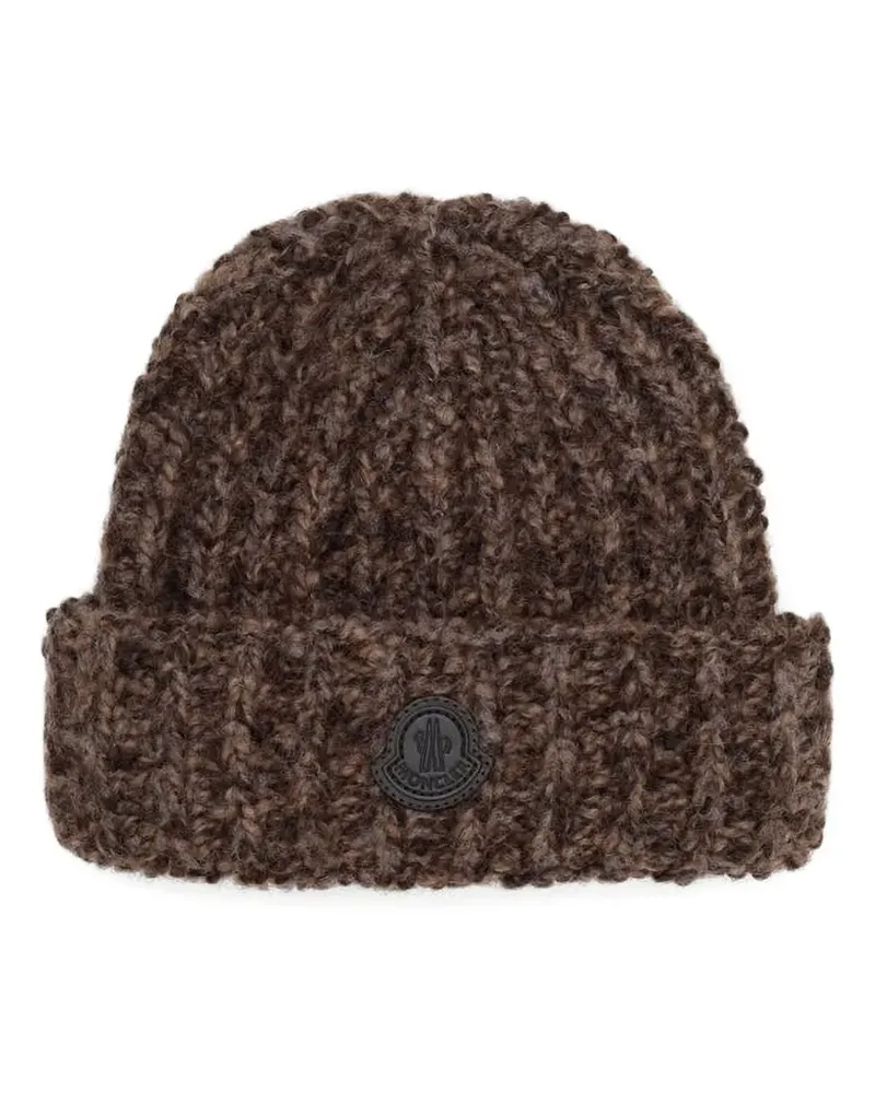 Moncler Gerippte Beanie mit Logo-Patch - Braun Braun