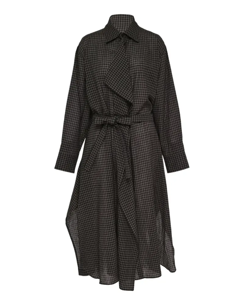 Yohji Yamamoto Maxi-Hemdkleid mit Vichy-Karo und Gürtel - Schwarz Schwarz