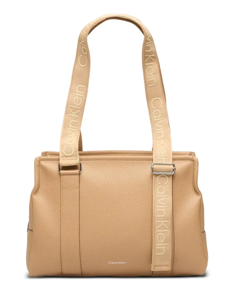 Calvin Klein logo-strap pebbled-effect tote bag - Nude Nude