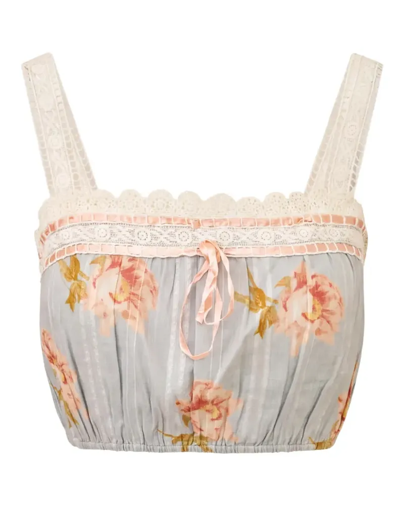 LoveShackFancy Broca peony-print lace-trim cropped blouse - Blau Blau