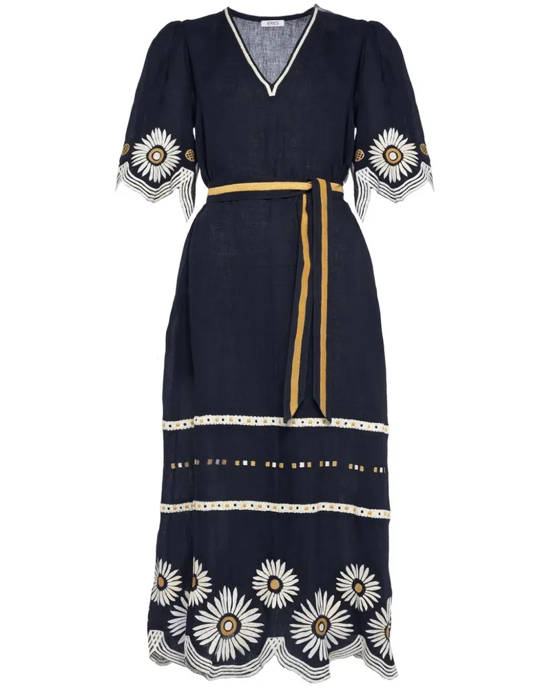 Eres Hortense Leinenkleid mit blumiger Stickerei - Blau Blau