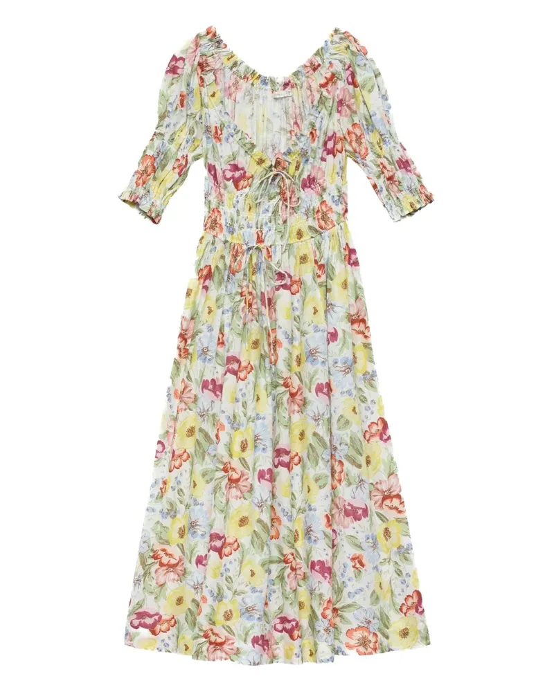 DÔEN Ischia shirred floral-print midi dress - Nude Nude