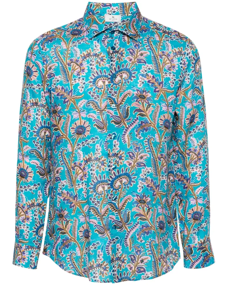 Etro Leinenhemd mit Blumen-Print - Blau Blau