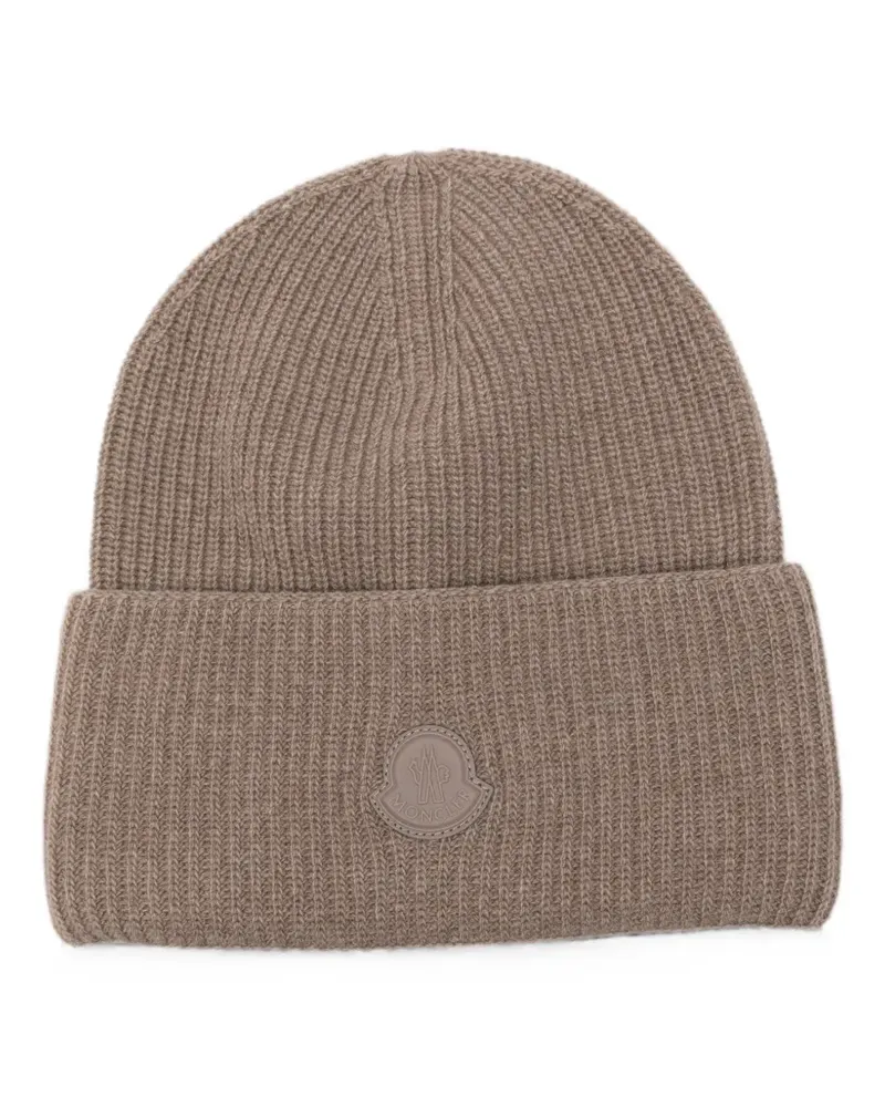 Moncler logo-patch ribbed-knit beanie hat - Braun Braun