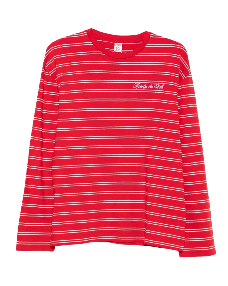 SPORTY & RICH striped logo-embroidered long-sleeve cotton T-shirt - Rot Rot