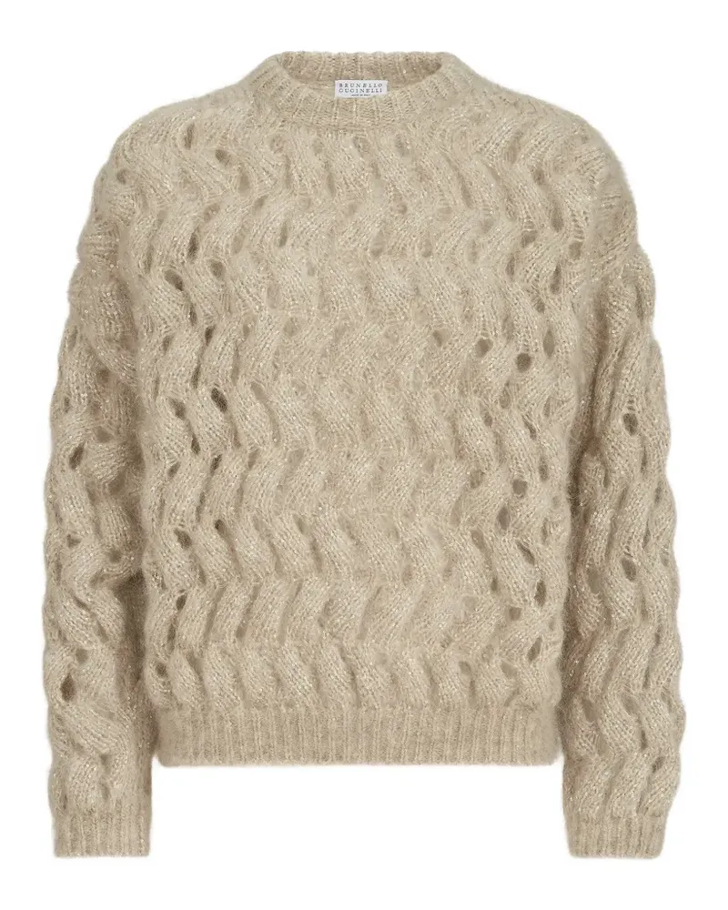 Brunello Cucinelli Pullover aus Mohair und Wolle mit funkelndem Zickzack-Zopfmuster - Nude Nude