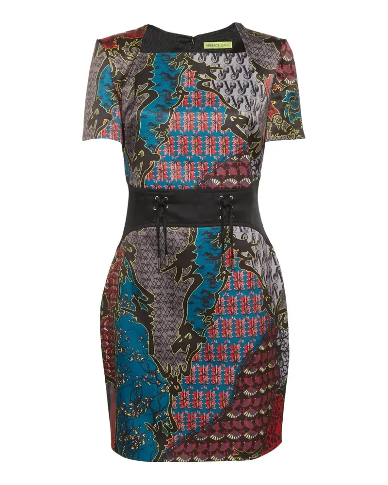 Versace Jeans short-sleeve lace-up printed mini dress - Blau Blau