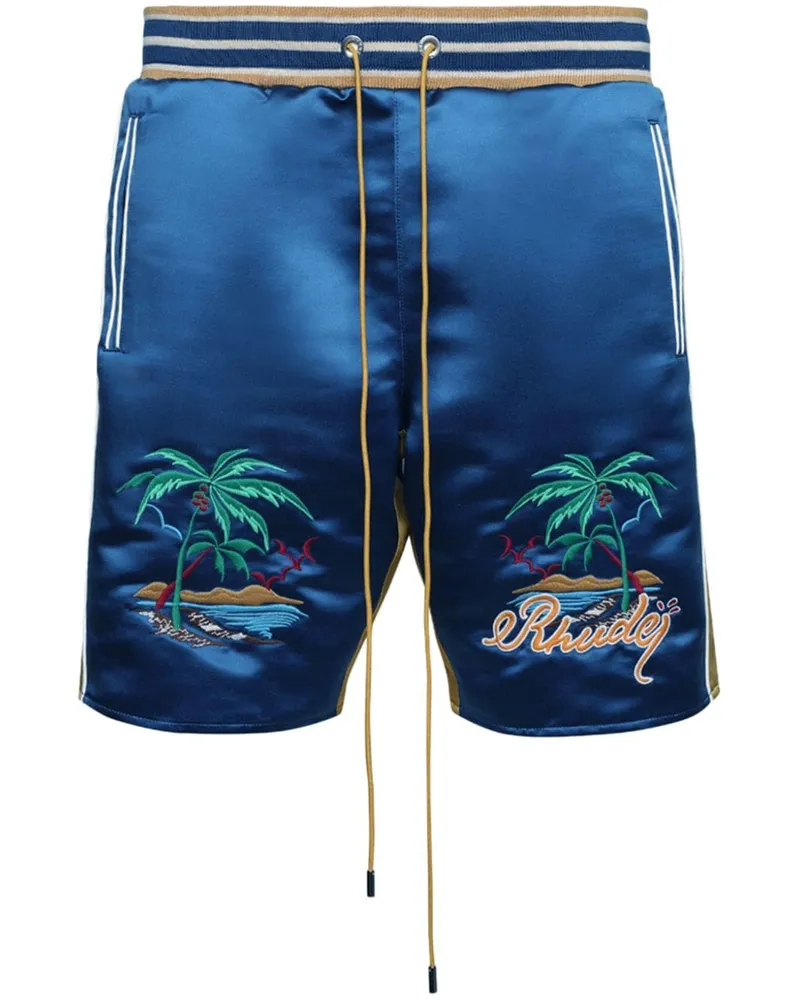 RHUDE Palm Eagles Shorts aus Satin Blau