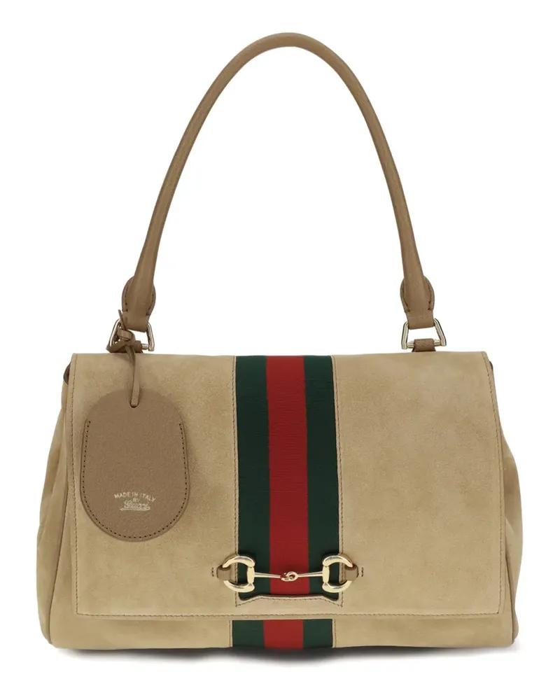 Gucci medium Paparazzo Horsebit Web suede tote bag - Nude Nude