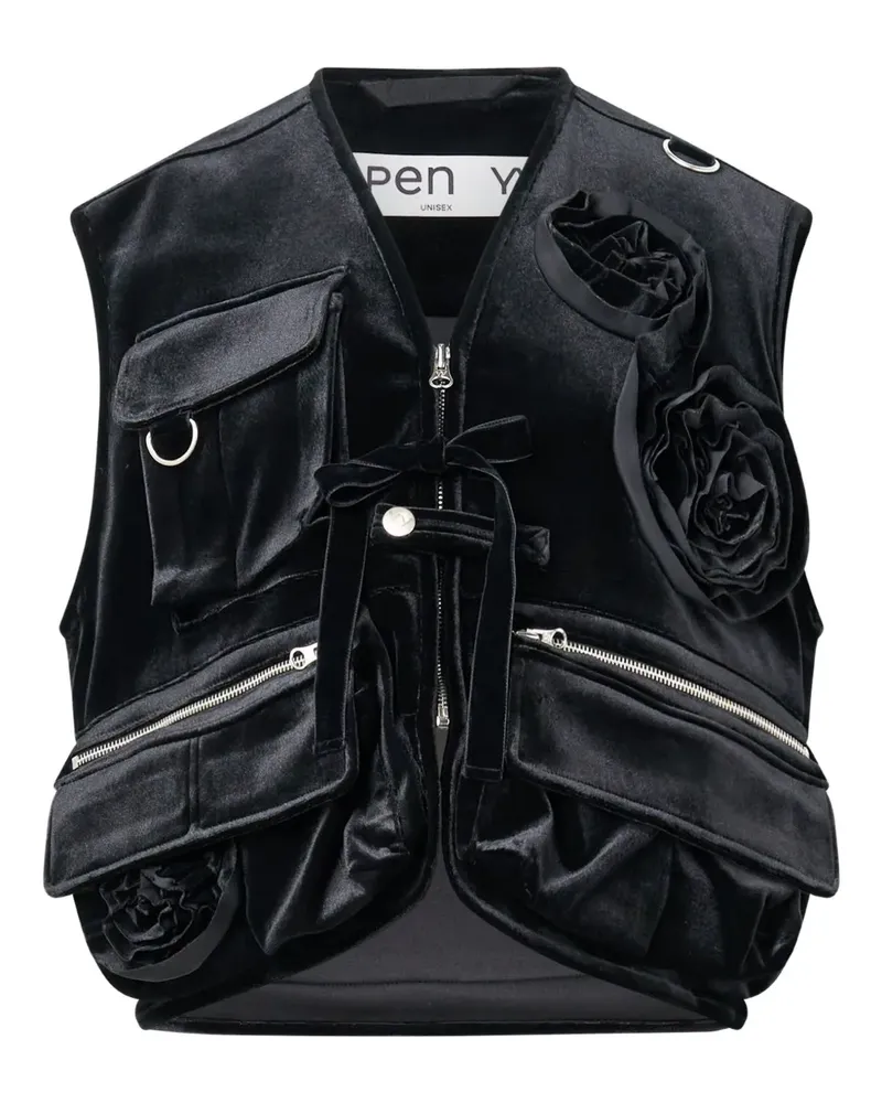 OPEN YY floral-appliqué velvet gilet - Schwarz Schwarz
