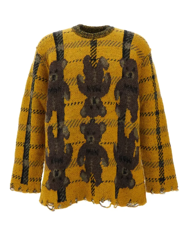 Junya Watanabe Distressed-Pullover mit Bären-Intarsie - Gelb Gelb