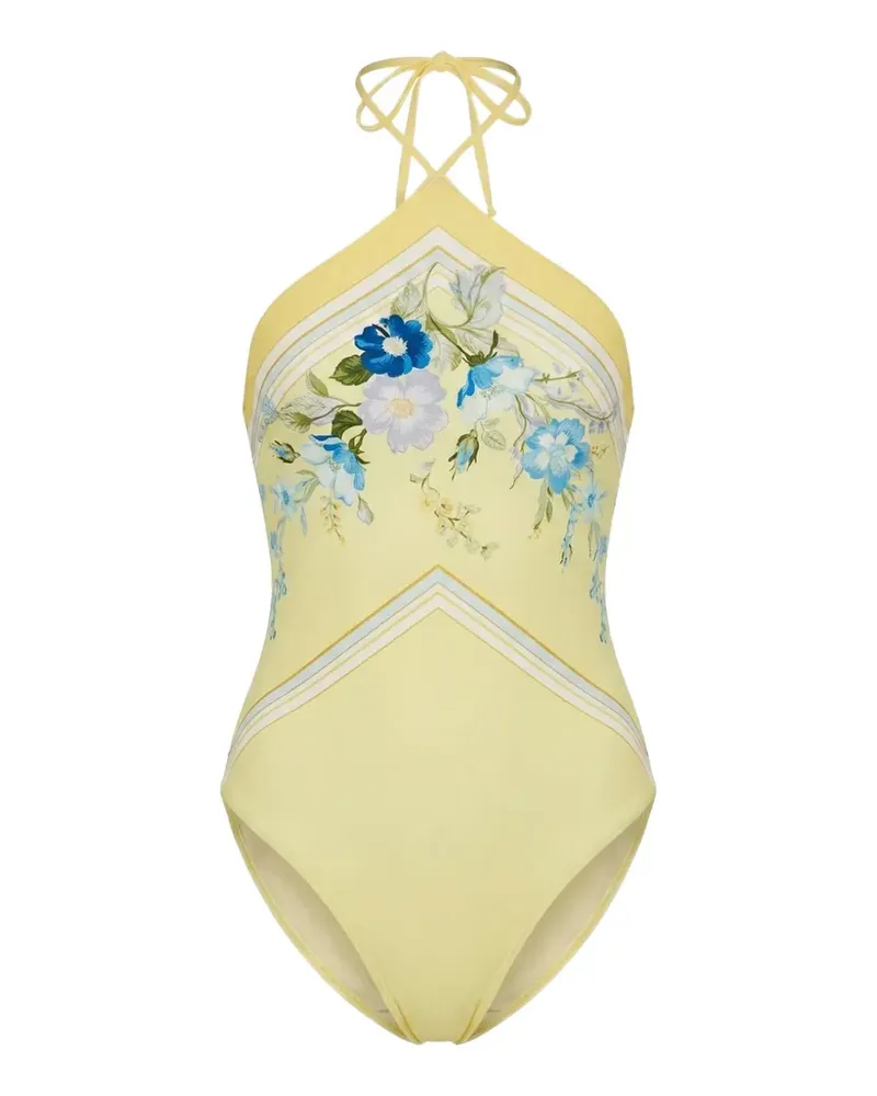 Self-Portrait floral-print halterneck swimsuit - Gelb Gelb
