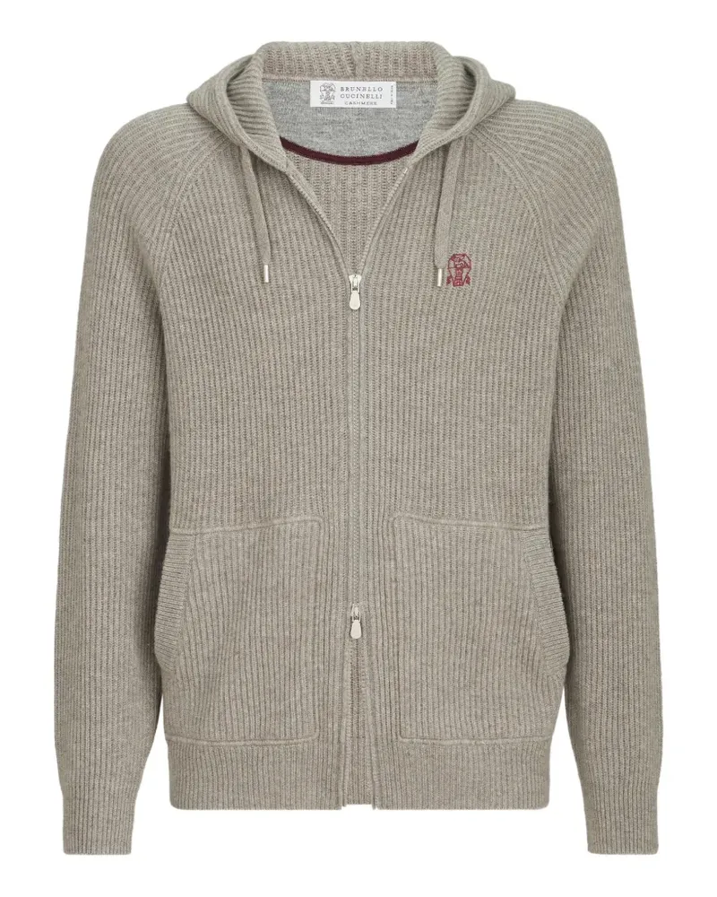 Brunello Cucinelli Geripptes Sweatshirt aus Kaschmir mit Logo und Reißverschluss - Grau Grau
