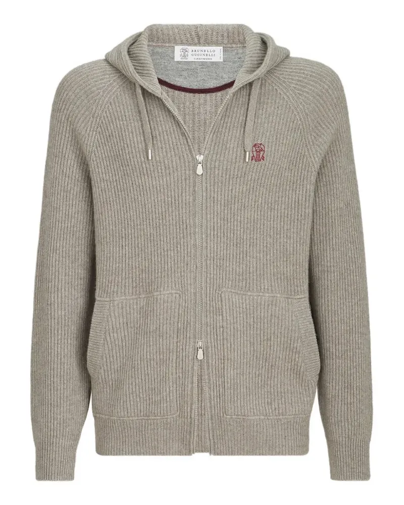Brunello Cucinelli Geripptes Sweatshirt aus Kaschmir mit Logo und Reißverschluss - Grau Grau