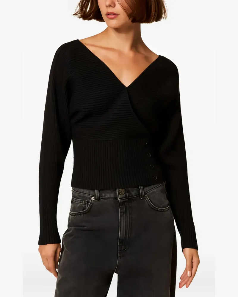 Twin-Set ribbed-knit cross-front sweater - Schwarz Schwarz