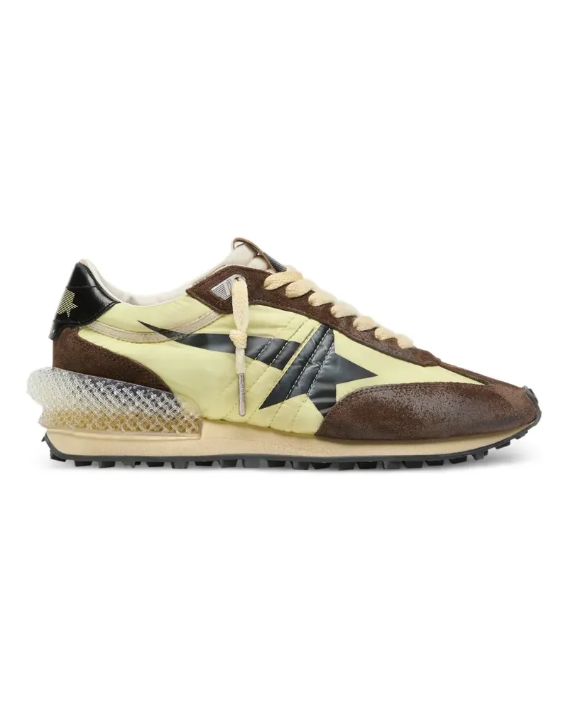 Golden Goose Marathon Sneakers aus limettengrünem Nylon mit schwarzem Stern und Einsätzen aus braunem Wildleder Braun
