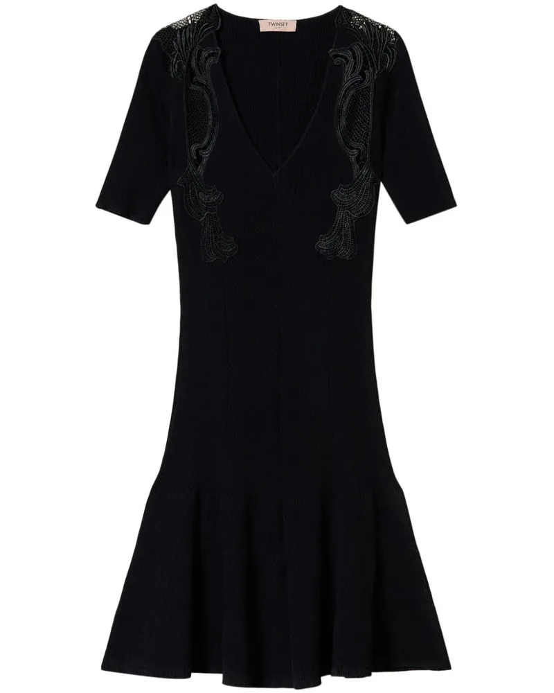 Twin-Set Geripptes Minikleid mit Spitzendetail - Schwarz Schwarz
