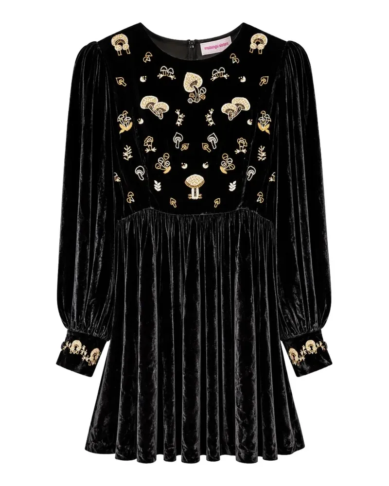 MUZUNGU Sisters Emma mushroom-embroidered velvet mini dress - Schwarz Schwarz