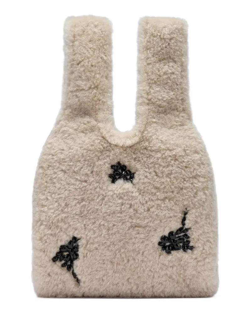 Simone Rocha mini crystal-embellished faux-shearling tote bag - Nude Nude
