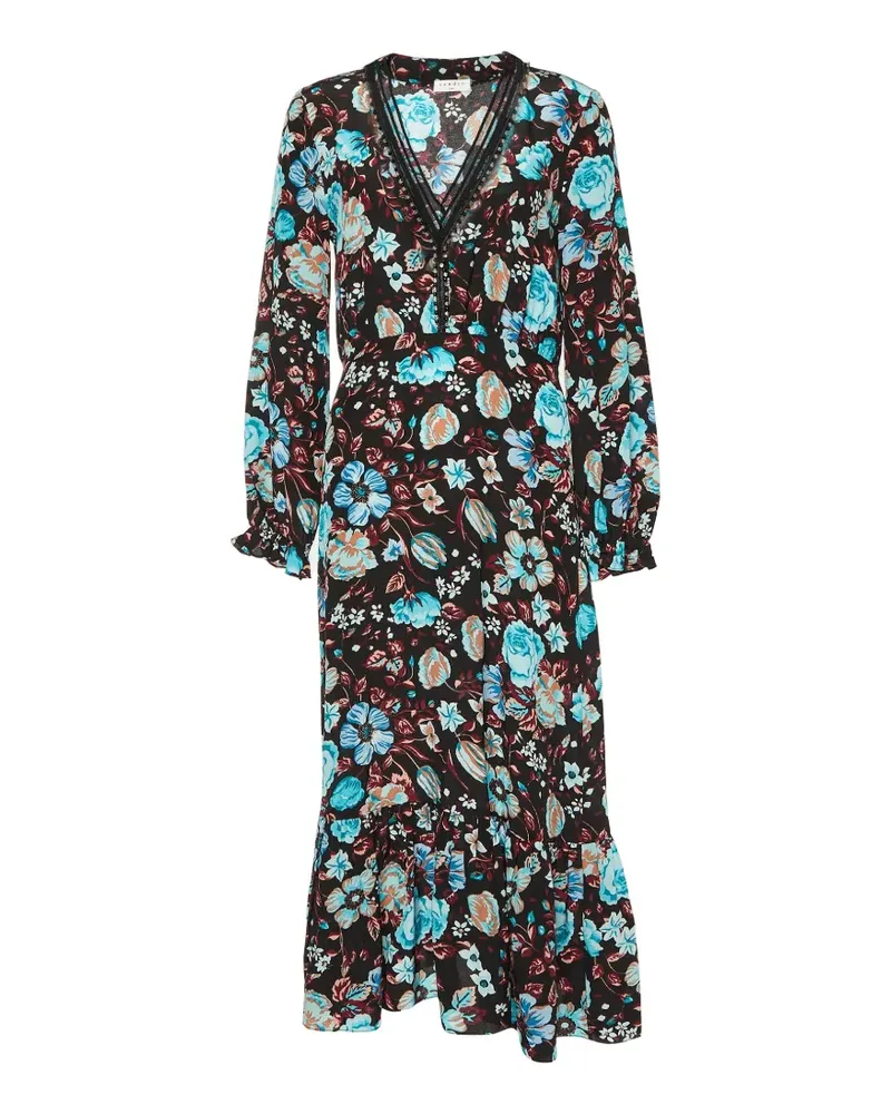 Sandro floral-print ruffled midi dress - Schwarz Schwarz