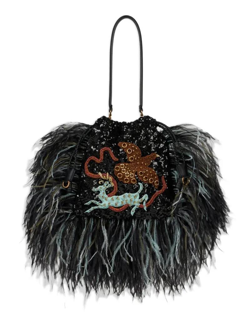 Etro Kleine Kalispera Schultertasche mit Pailletten, Federdetail und Tierstickerei - Schwarz Schwarz